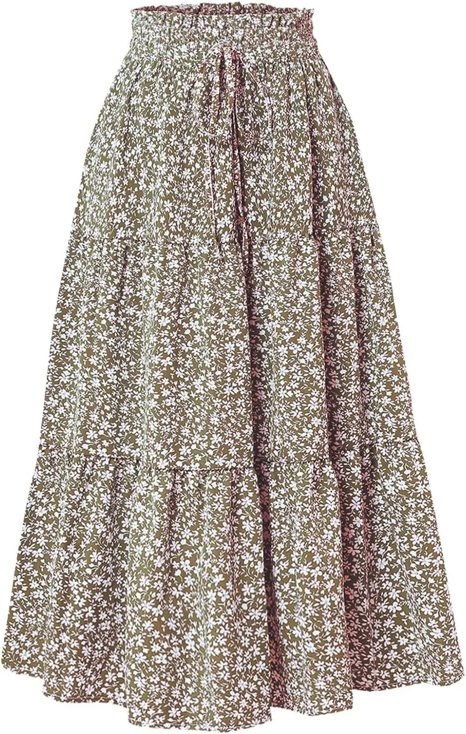 Floral Boho Skirts for Women Summer Casual Flowy Swing Tiered Long Skirt Elastic High Waisted Pleated Maxi Skirts