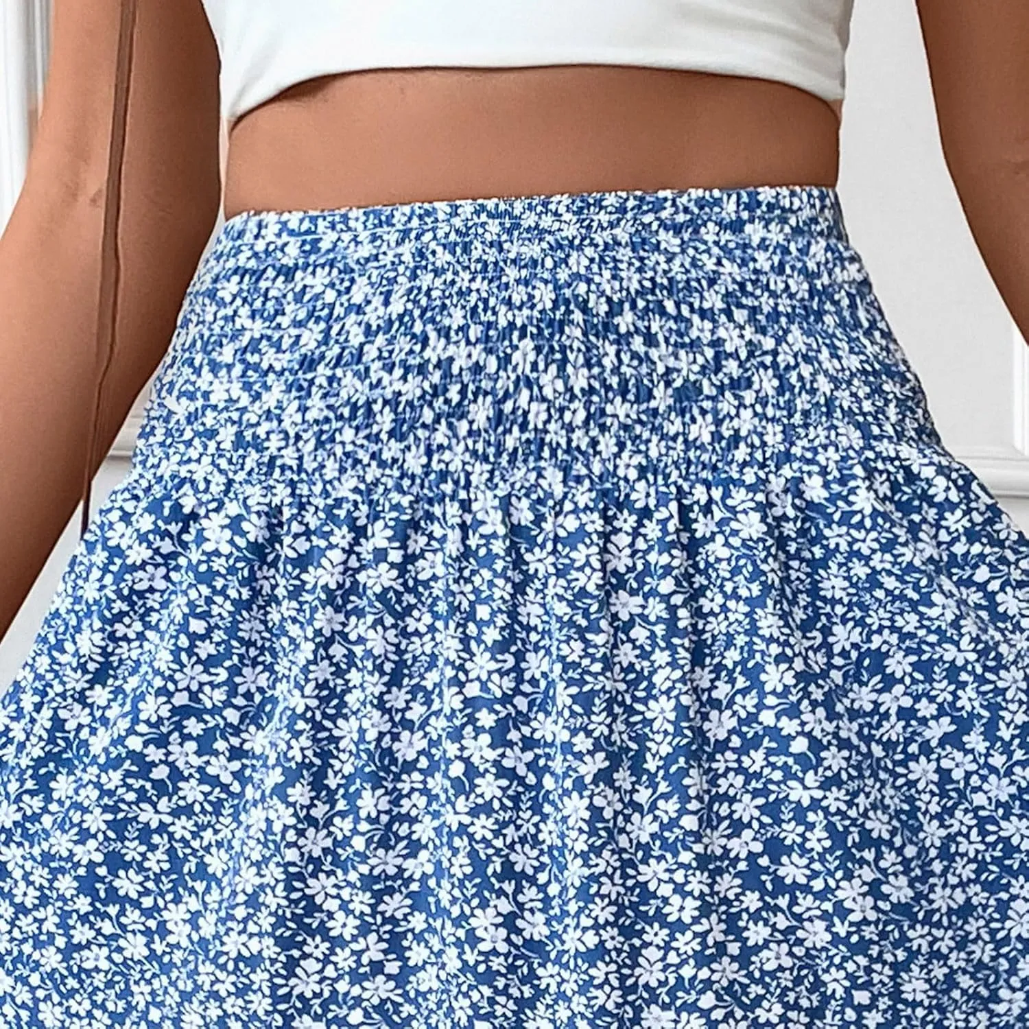 Floral Skirts for Women Summer Flowy Tiered Elastic High Waisted Print Swing Skirt Vacation A-Line Long Midi Skirts
