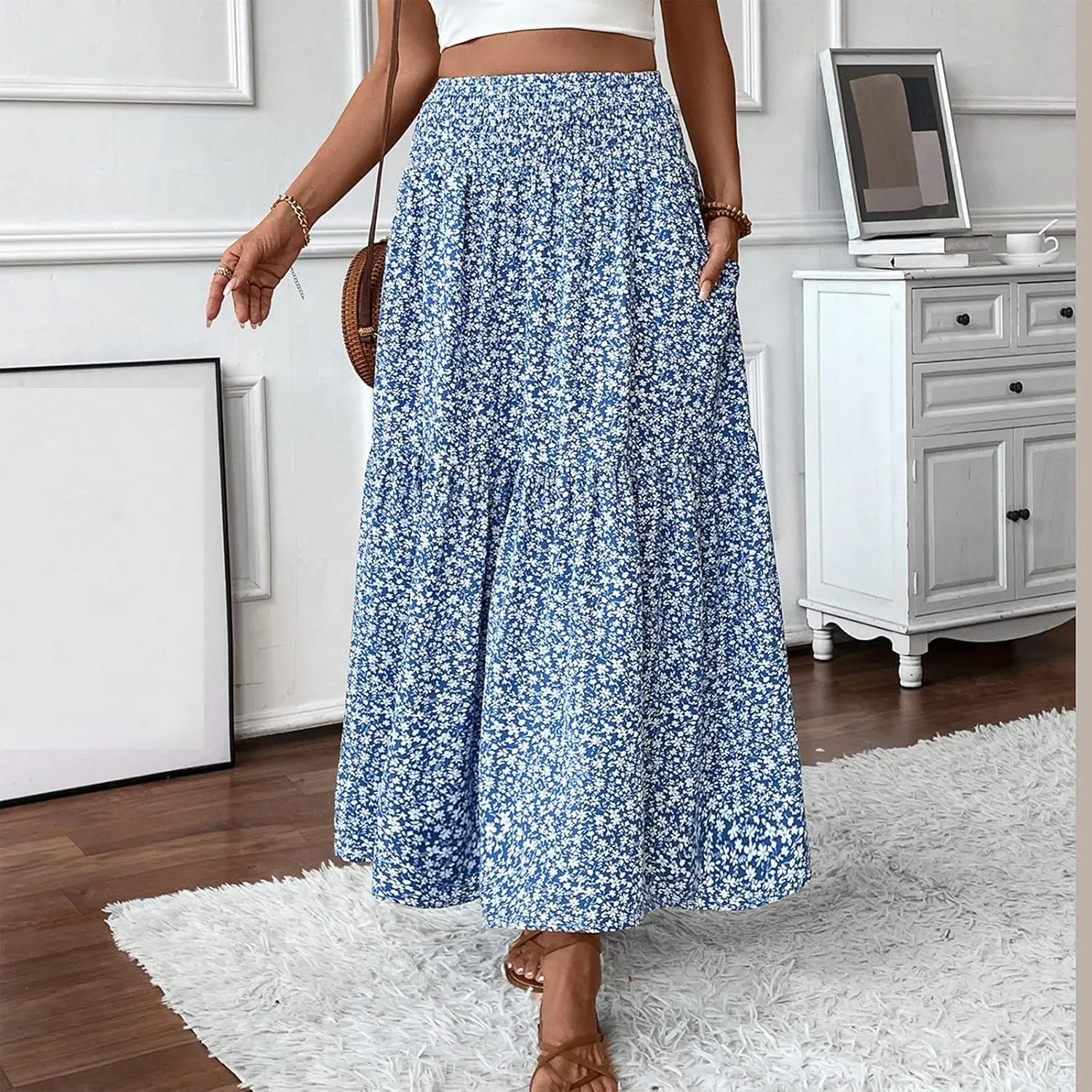 Floral Skirts for Women Summer Flowy Tiered Elastic High Waisted Print Swing Skirt Vacation A-Line Long Midi Skirts