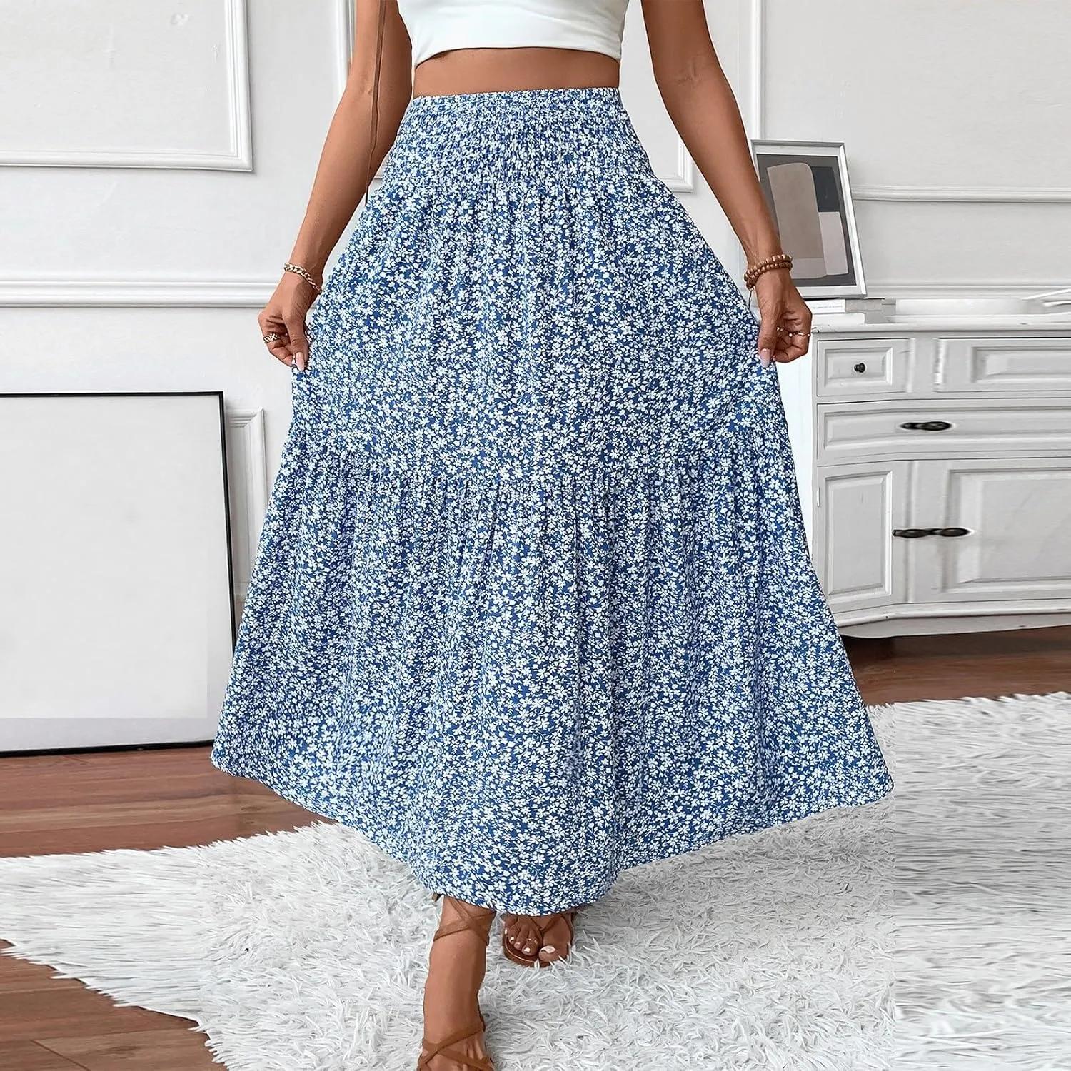 Floral Skirts for Women Summer Flowy Tiered Elastic High Waisted Print Swing Skirt Vacation A-Line Long Midi Skirts