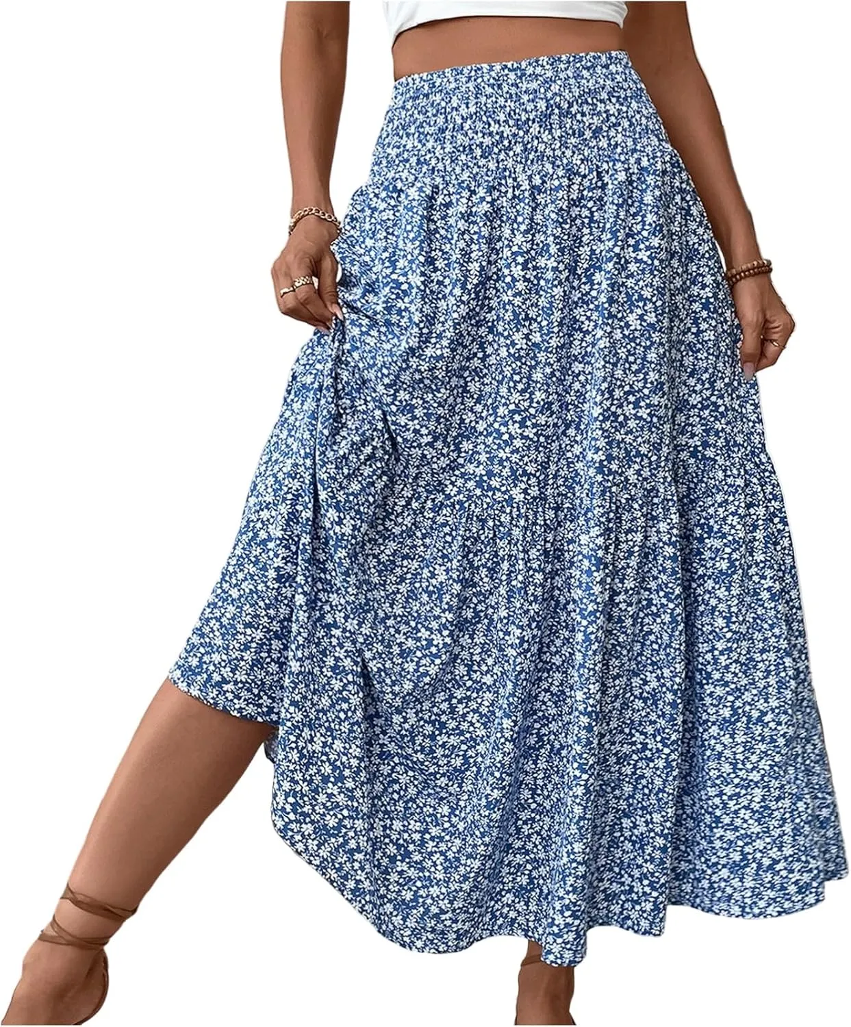 Floral Skirts for Women Summer Flowy Tiered Elastic High Waisted Print Swing Skirt Vacation A-Line Long Midi Skirts