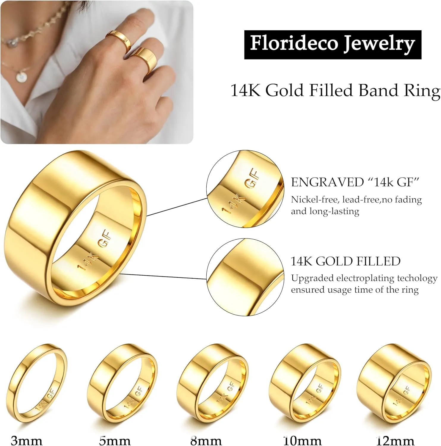 Florideco 14K Gold Filled Ring Gold Band Thick Thin Pinky Thumb Ring Gold Stacking Stackable Wedding Band Ring for Women Men Non Tarnish Comfort Fit Size 6 to 10