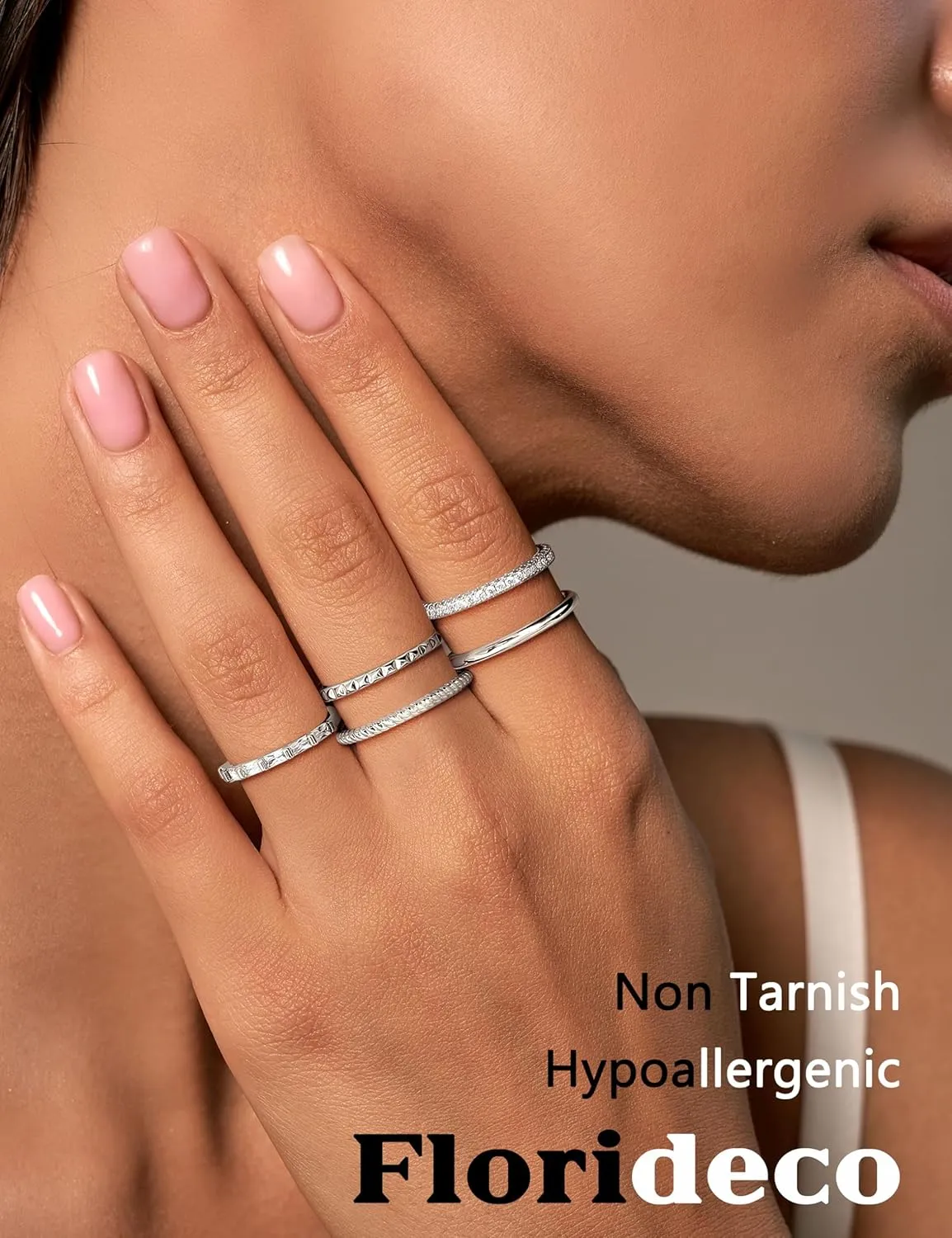 Florideco 14K Gold Filled Thin Stackable Rings for Women,Minimalist Non Tarnish Cubic Zirconia Band Rings,Dainty Trendy Statement Stacking Rings Set Size 6-10