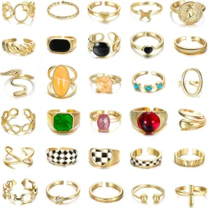 Florideco 30pc 18K Gold Chunky Twisted Signet & Stackable Knuckle Midi Rings - Gold Plated, Adjustable Open Ring Sets