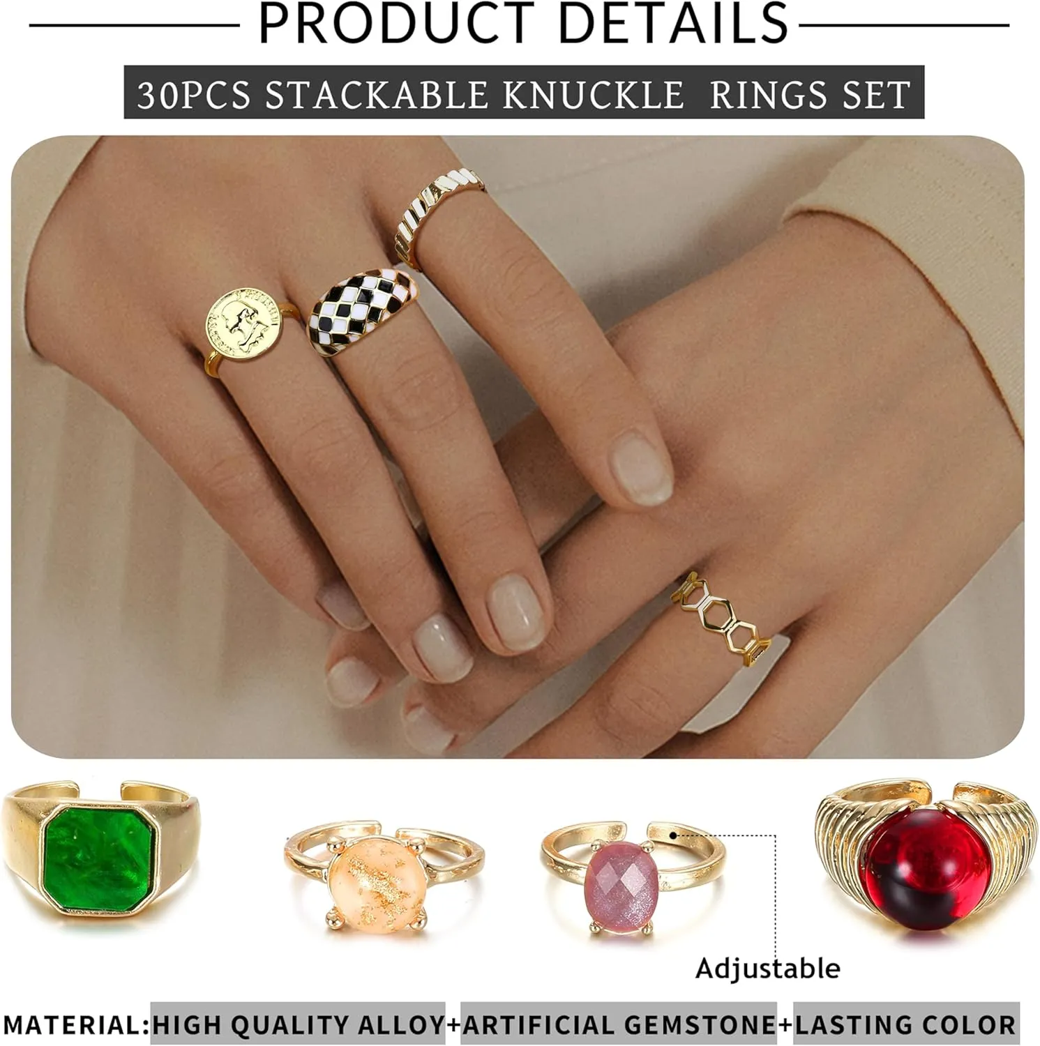 Florideco 30pc 18K Gold Chunky Twisted Signet & Stackable Knuckle Midi Rings - Gold Plated, Adjustable Open Ring Sets
