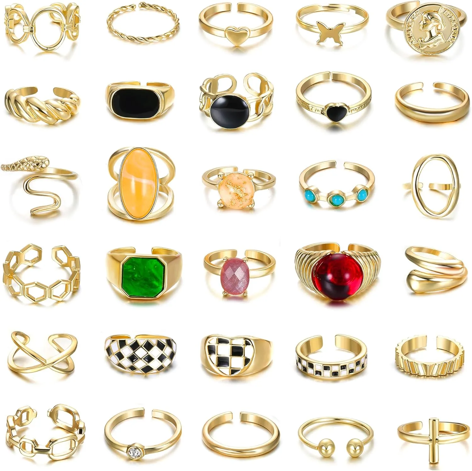 Florideco 30pc 18K Gold Chunky Twisted Signet & Stackable Knuckle Midi Rings - Gold Plated, Adjustable Open Ring Sets