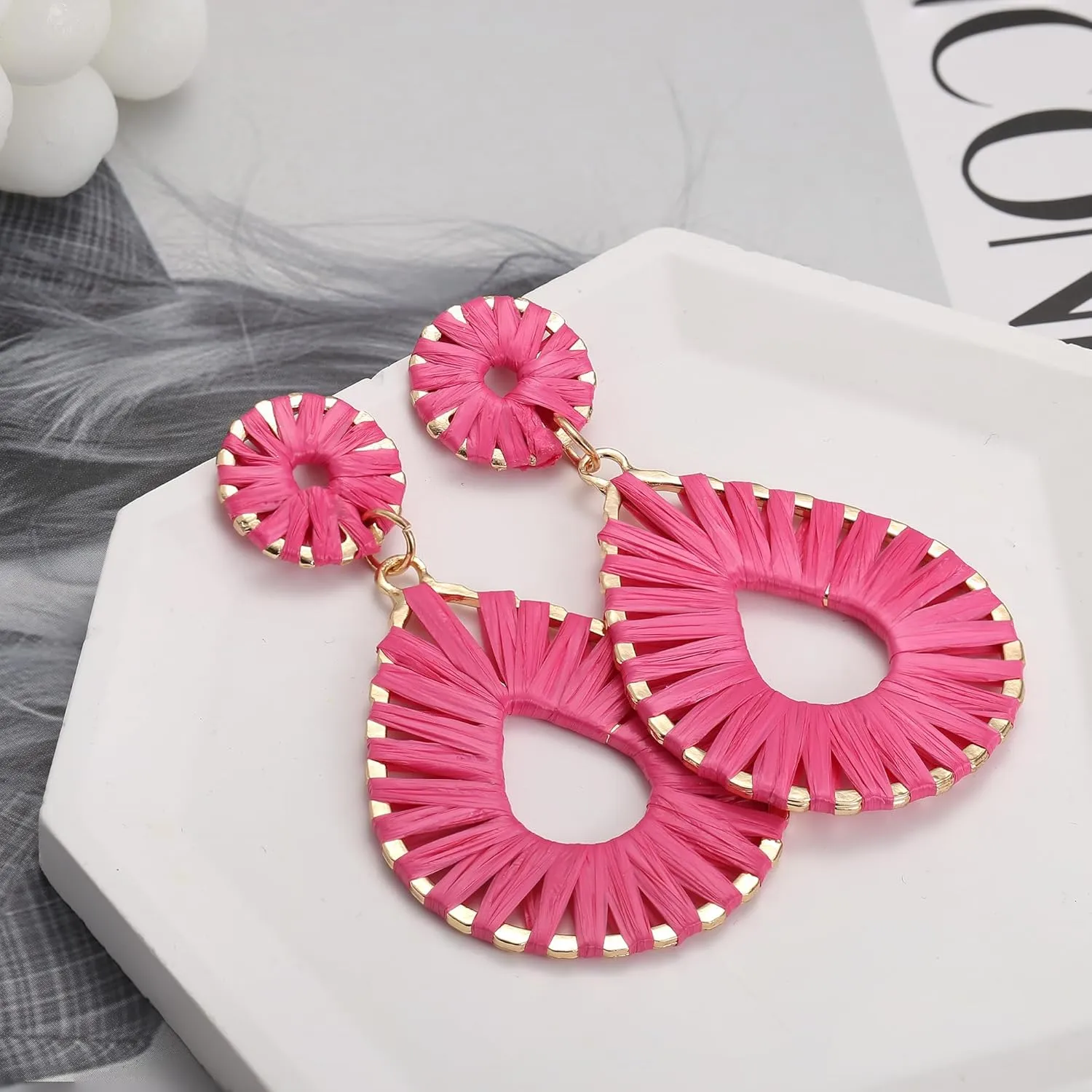 Florideco 6Pairs Statement Earrings for Women Drop Raffia Earrings Boho Long Tassel Earrings Dangle Geometric Earrings Fringe Drop Handmade Earrings Hot Pink Earrings for Women