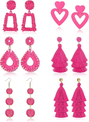 Florideco 6Pairs Statement Earrings for Women Drop Raffia Earrings Boho Long Tassel Earrings Dangle Geometric Earrings Fringe Drop Handmade Earrings Hot Pink Earrings for Women