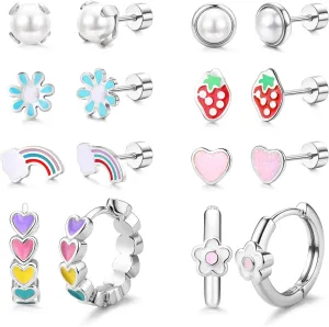 Florideco Hypoallergenic Earrings for Women 316 Surgical Steel Earrings for Sensitive Ears Cute Small Daisy Hoop Earring Heart Flower Strawberry Rainbow Pearl Flat Back Earring Sets