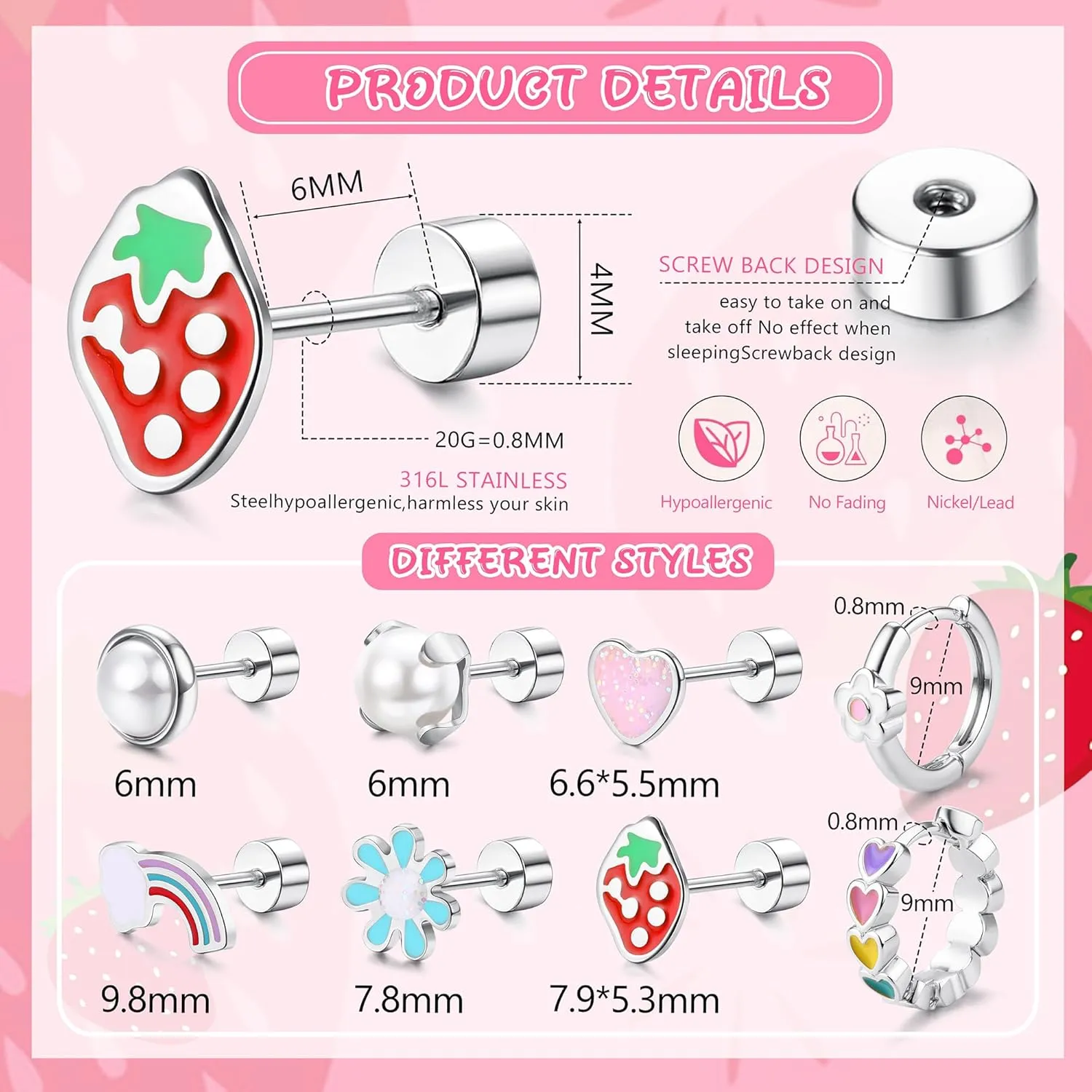 Florideco Hypoallergenic Earrings for Women 316 Surgical Steel Earrings for Sensitive Ears Cute Small Daisy Hoop Earring Heart Flower Strawberry Rainbow Pearl Flat Back Earring Sets