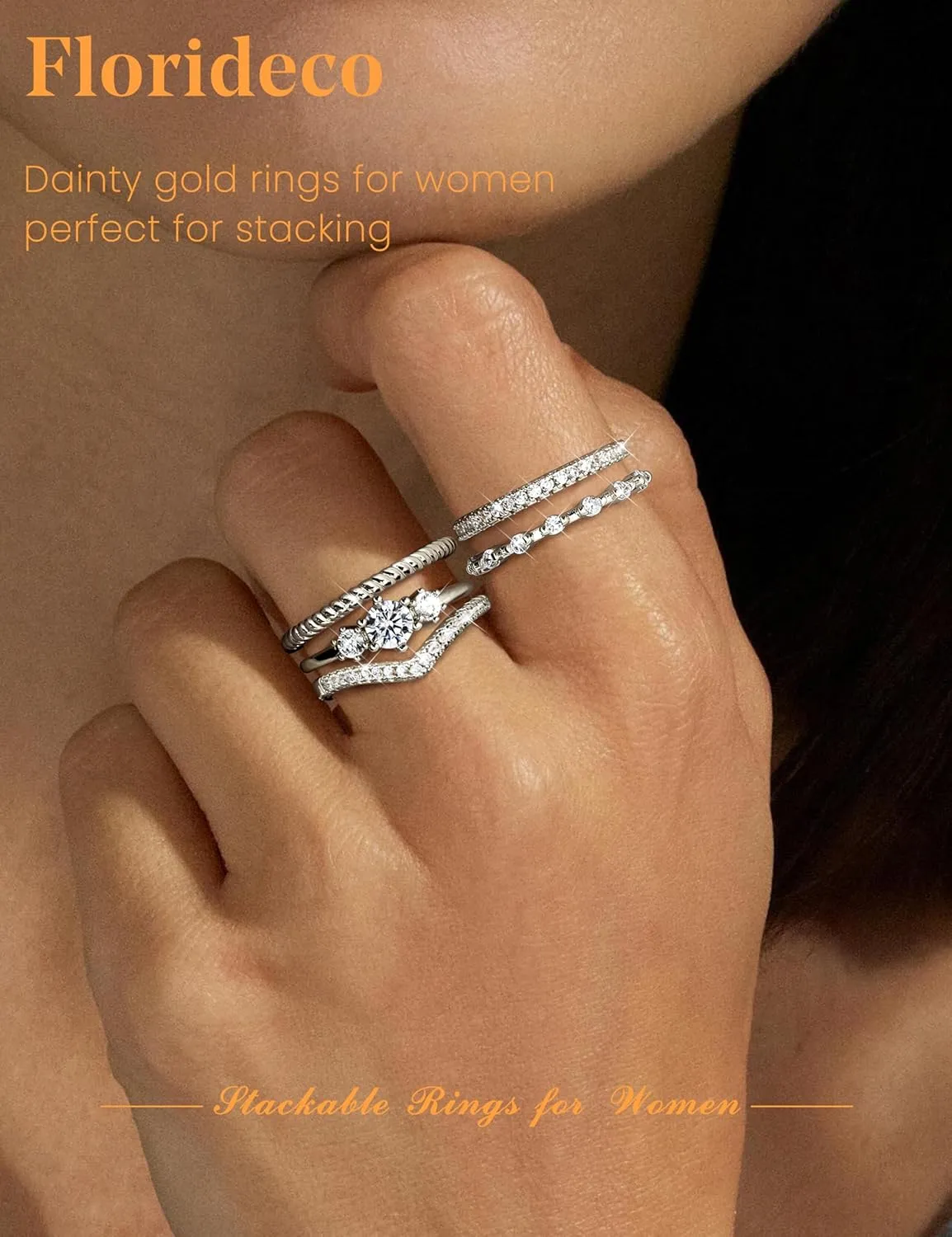 Florideco Stackable Gold Rings for Women 14K Gold Plated Minimalist Non Tarnish Cubic Zirconia Thumb Ring Set Dainty Gold Knuckle Ring Trendy Statement Stacking Rings Set Size 5-10