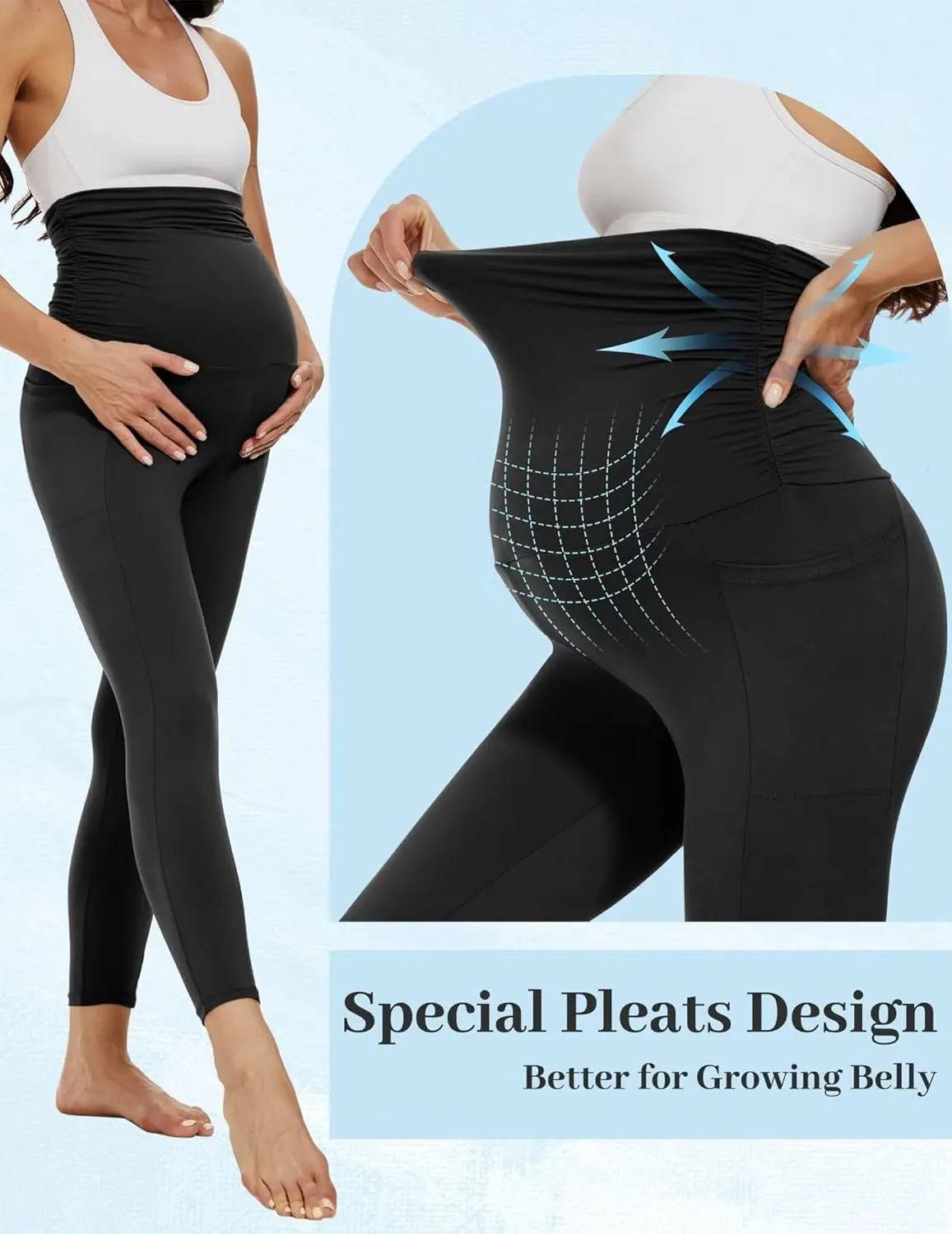 Fotociti 2 Pack Maternity Leggings With Pockets Over The Belly,Womens Pregnancy Workout Yoga Active Soft Tights Pants