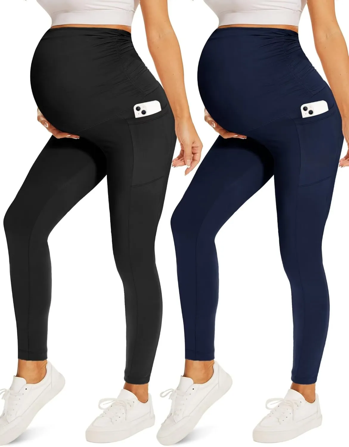 Fotociti 2 Pack Maternity Leggings With Pockets Over The Belly,Womens Pregnancy Workout Yoga Active Soft Tights Pants