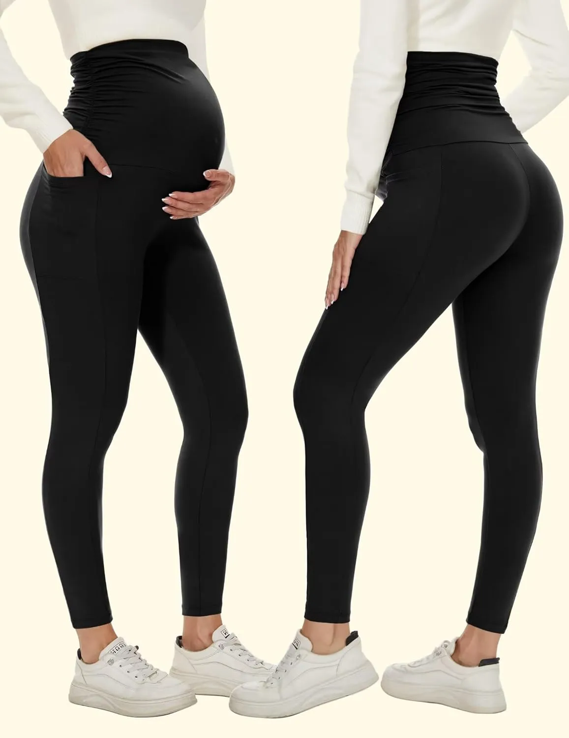 Fotociti Fleece Lined Maternity Leggings with Pockets Over The Belly,Pregnancy Thermal Warm Workout Yoga Pants