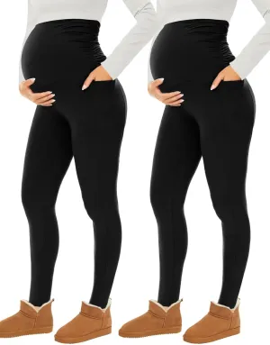 Fotociti Fleece Lined Maternity Leggings with Pockets Over The Belly,Pregnancy Thermal Warm Workout Yoga Pants
