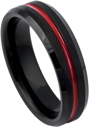 Free Personalized laser engraving Ring for Men and Ring for WomenTungsten Ring Red IP Plated Grooved Center, Black Brushed Beveled Edge  6mm Wedding Band Ring Ideal Ring for Couples