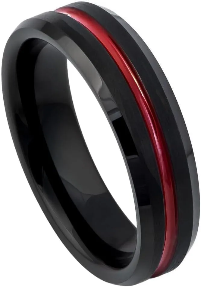 Free Personalized laser engraving Ring for Men and Ring for WomenTungsten Ring Red IP Plated Grooved Center, Black Brushed Beveled Edge  6mm Wedding Band Ring Ideal Ring for Couples