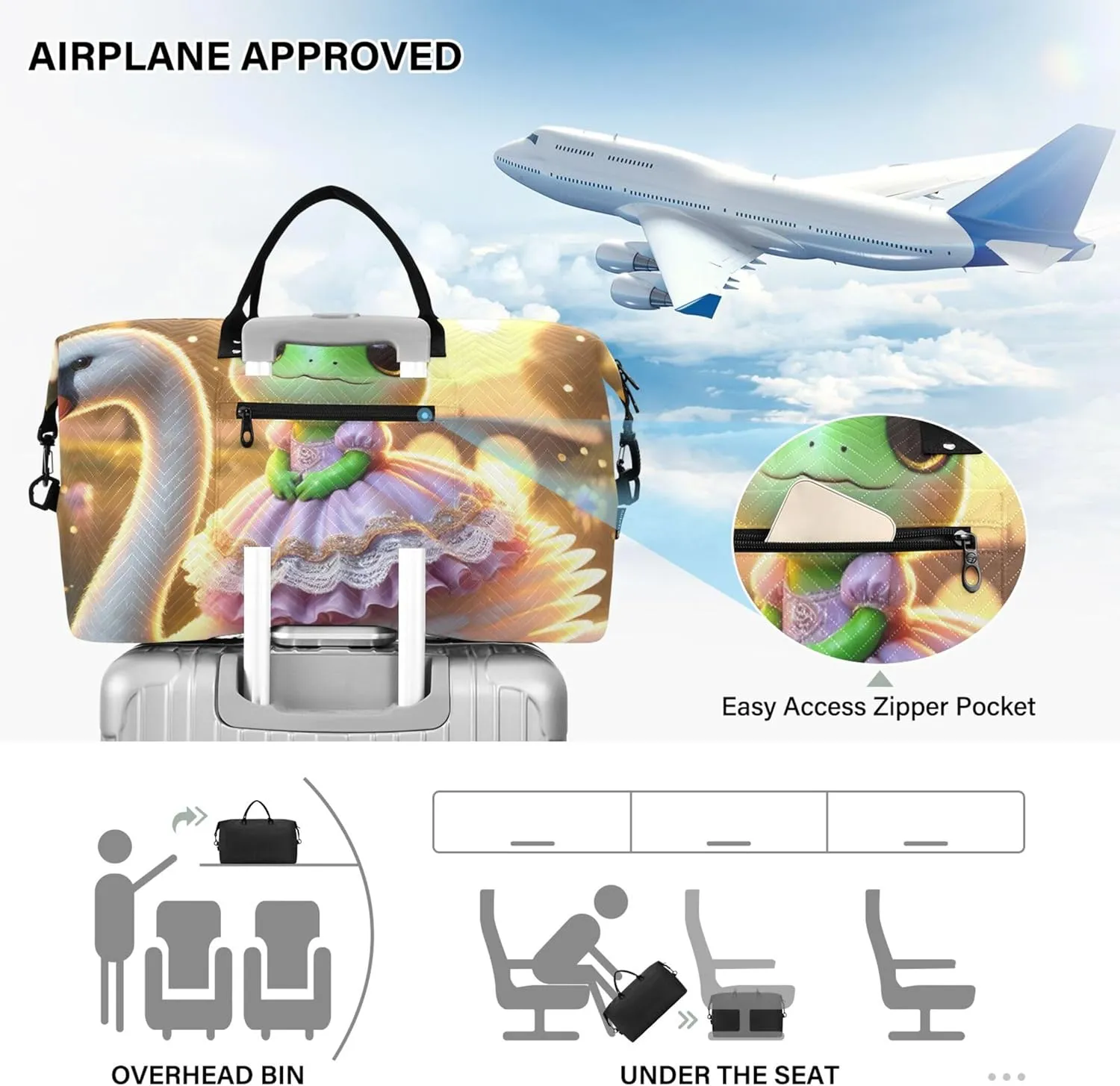 Frog Swan Cute Travel Bag Duffel Make up Bags Set of 2, Print Women Luggage Bags Overnight Bag