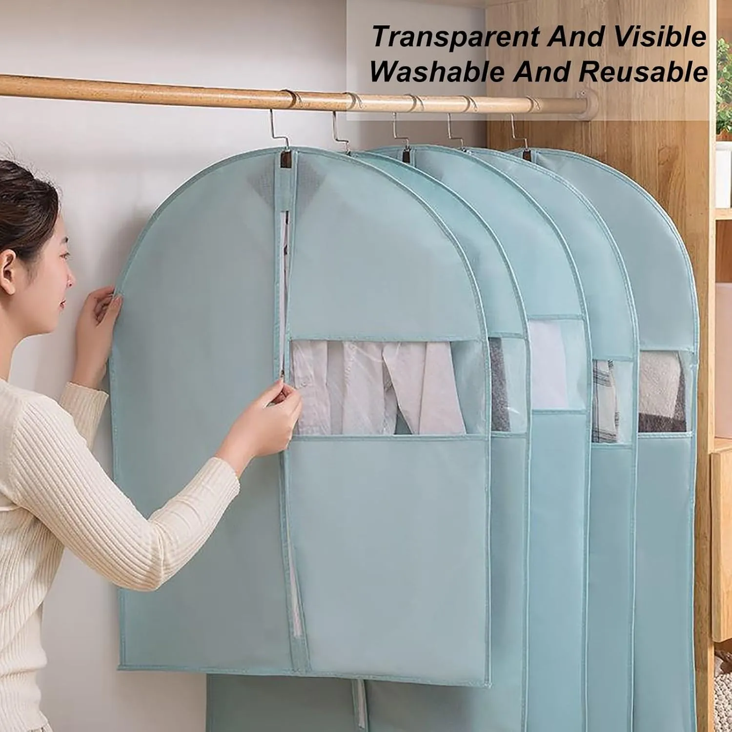 Garment Bag for Hanging Clothes with Clear Window,5 Pcs Non-Woven Fabrics Garment Covers for Suit Coat Dress Windbreaker(Gray,24x31in/60x80cm)