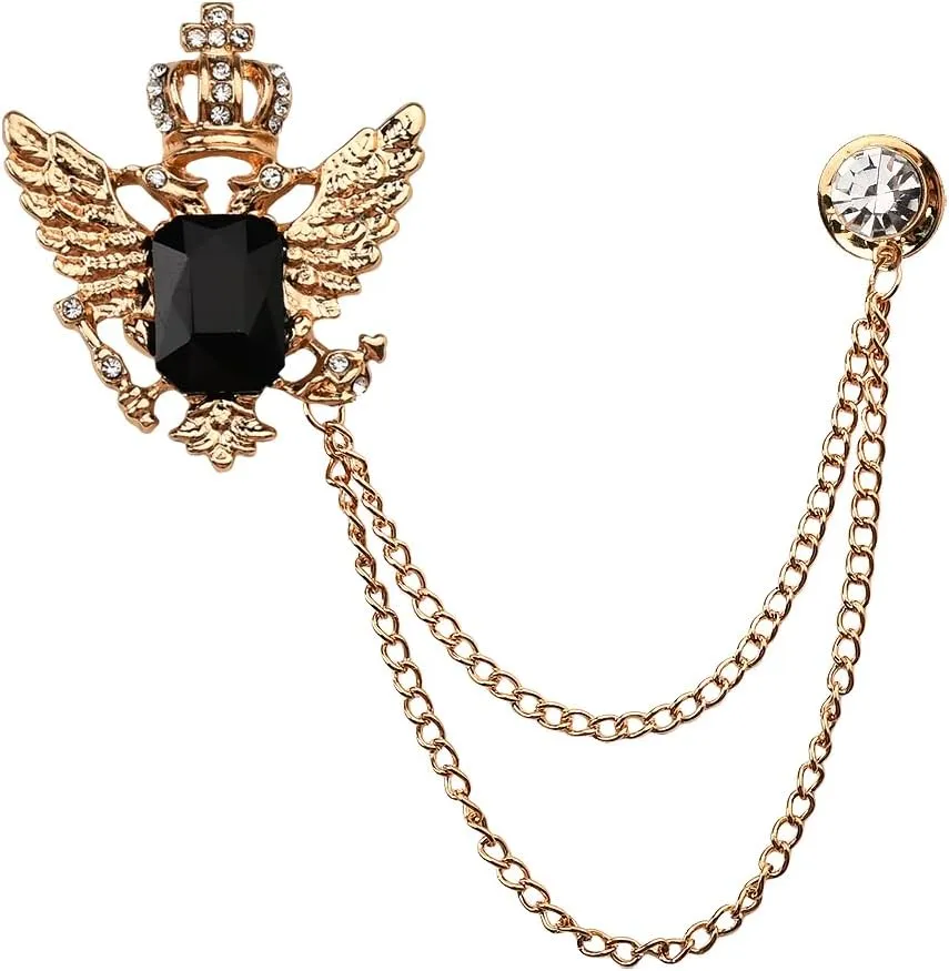 Gem Crystal Brooch Lapel Pins Mens Silver Gold Stoned Wing Crown Brooch Pin with Layered Chain Tassel Decorative Suit Tie Pins Accessories for Men