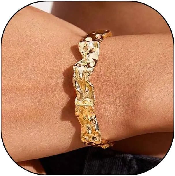 GIGB PBDK Chunky Cuff Bracelets for Women 14K Gold Minimalistic Hammered Cuff Bangle 12MM Wide Adjustable Textured Open Bangle Trendy Punk Jewelry Presents