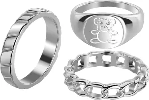 Girls Trendy Stuff Bear Rings Set 3pcs Metal Alloy Stacking Rings Cute Cartoon Style Fashion Jewelry for Women Teens Birthday Party