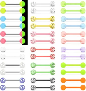 Glow In Dark Plastic Tongue Nipple Rings Neon Rubber Acrylic Nipple Tongue Piercing Jewelry Bioplast Nipplering Jewelry Set Surgical Steel Barbells for Women Men 16mm 14G