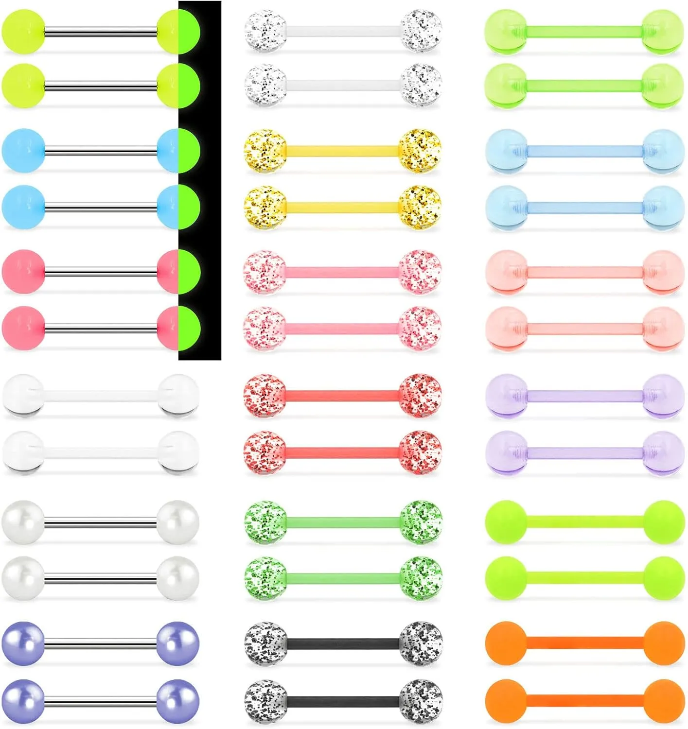 Glow In Dark Plastic Tongue Nipple Rings Neon Rubber Acrylic Nipple Tongue Piercing Jewelry Bioplast Nipplering Jewelry Set Surgical Steel Barbells for Women Men 16mm 14G