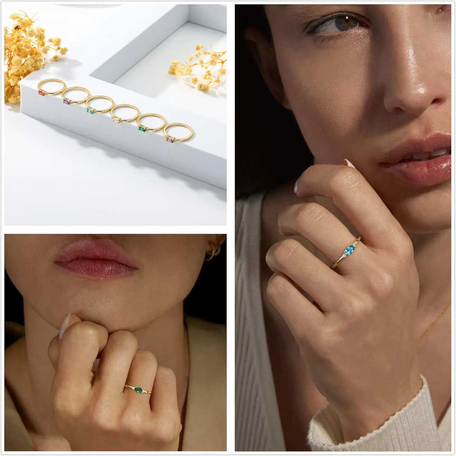 Gold Birthstone Rings for Women Mother Dainty Stackable Gold Rings Non Tarnish Thumb 14k Gold Plated CZ Emerald Green Gemstone Ring Jewelry Birthday Gift for Mom Daughter Band Size 6-11