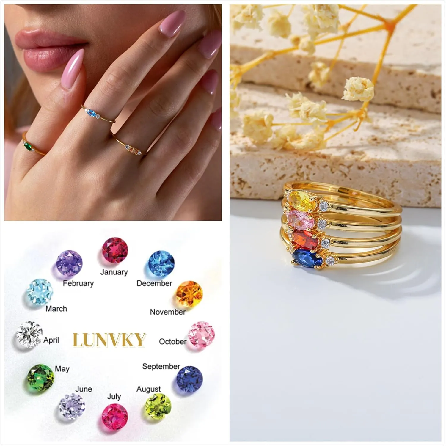 Gold Birthstone Rings for Women Mother Dainty Stackable Gold Rings Non Tarnish Thumb 14k Gold Plated CZ Emerald Green Gemstone Ring Jewelry Birthday Gift for Mom Daughter Band Size 6-11