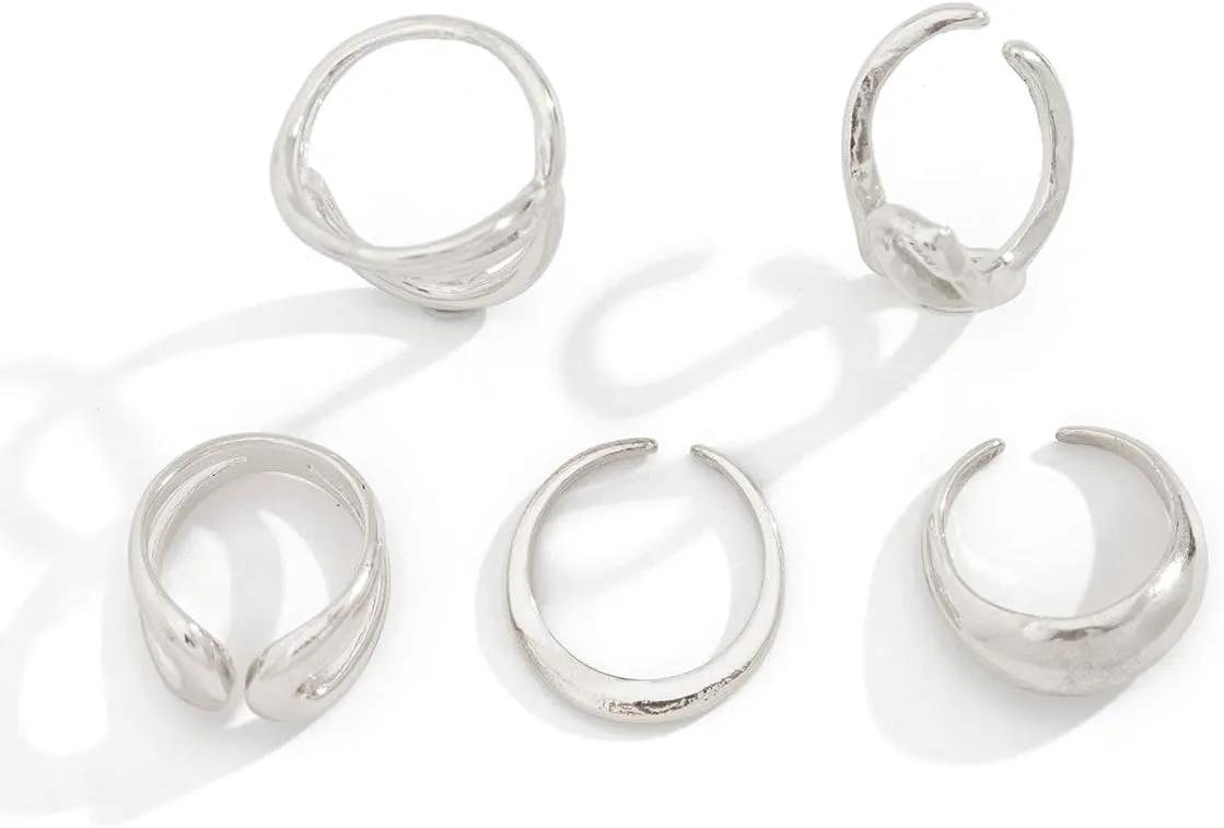 Gold Chunky Rings Set for Women Open Stacking Knuckle Ring Silver Adjustable Round Dome Rings Set Minimalist Irregular Statement Women Ring Jewelry
