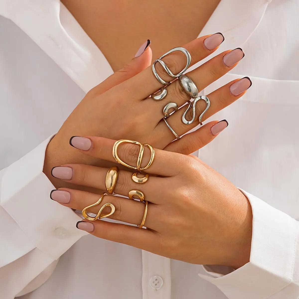Gold Chunky Rings Set for Women Open Stacking Knuckle Ring Silver Adjustable Round Dome Rings Set Minimalist Irregular Statement Women Ring Jewelry