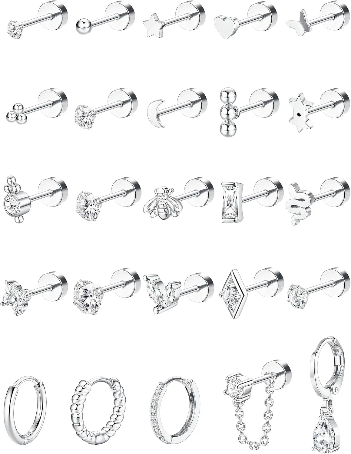Gold Flat Back Earrings for Women Hypoallergenic Surgical Steel Earrings for Sensitive Ears 20G Small Stainless Steel Flatback Stud Hoop Cartilage Earring Set for Multiple Piercing Helix/Tragus/Conch