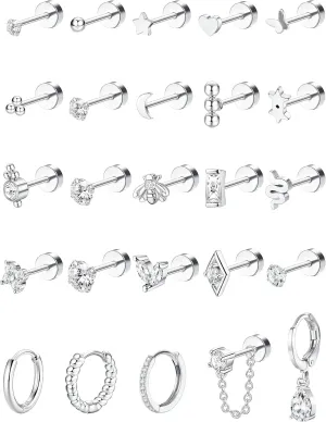 Gold Flat Back Earrings for Women Hypoallergenic Surgical Steel Earrings for Sensitive Ears 20G Small Stainless Steel Flatback Stud Hoop Cartilage Earring Set for Multiple Piercing Helix/Tragus/Conch