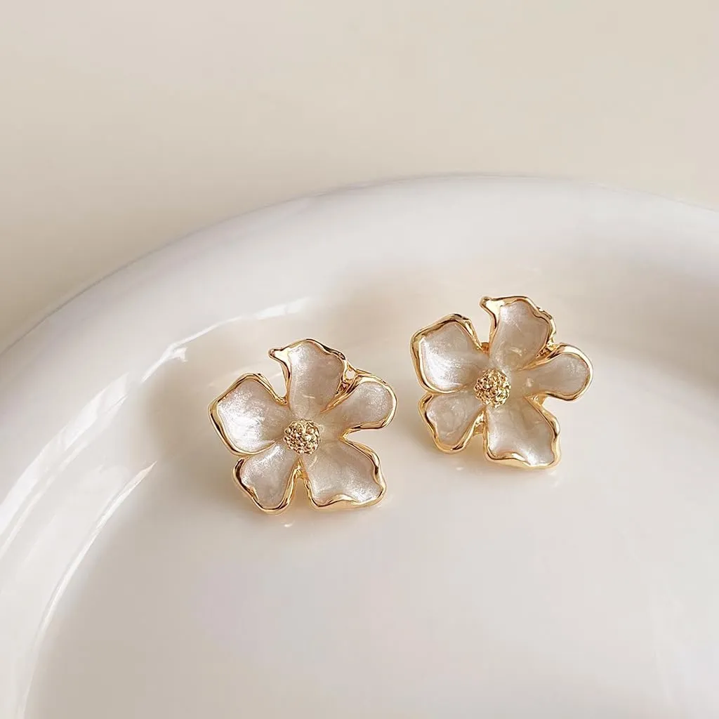 Gold Flower Earrings - Large Floral Statement Earrings for Women - Chunky Jewelry Gift