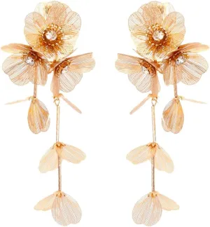 Gold Metal Flower Long Tassel Earrings for Women Crystal Floral Drop Dangle Earrings Statement Bar Ear Drop for Women Bohemian Jewelry for Women