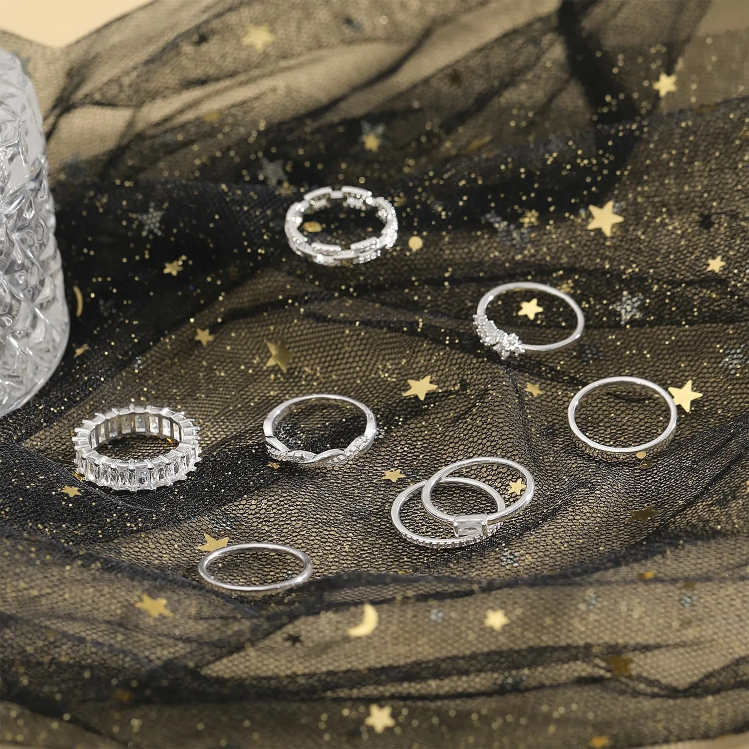 Gold Rings for Women Non Tarnish 14K Gold/Silver Stackable Rings Set Dainty Cubic Zirconia Diamond Thumb Rings Wedding Eternity Band Trendy Simple Baguette Ring Size 5 6 7 8 9 10