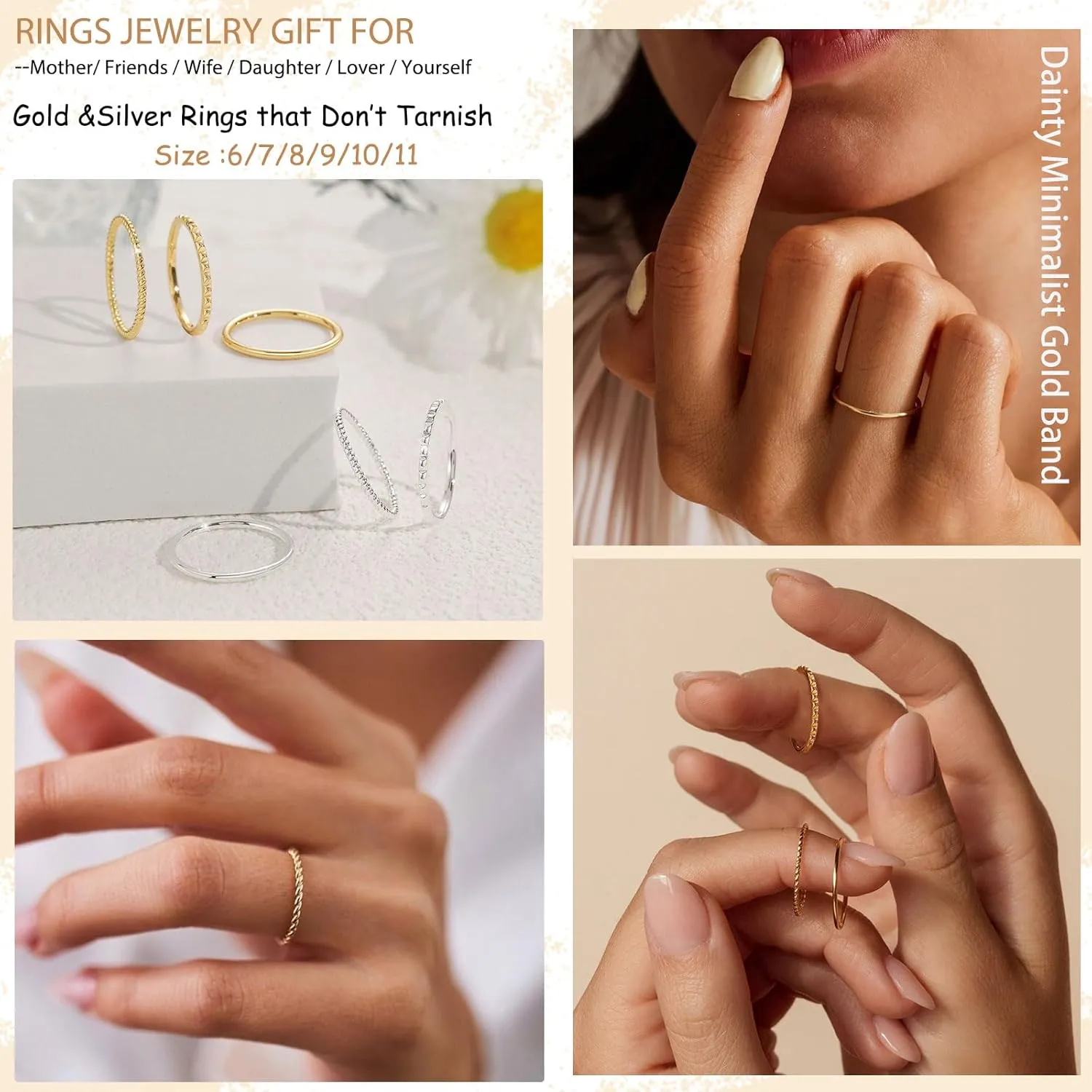 Gold Silver Rings for Women Non Tarnish Stackable Thin Gold Ring 18K Gold Plated Dainty Ring Set Trendy Thumb Pinky Knuckle Ring Wedding Bands Promise Engagement Gold Jewelry Rings Size 6 7 8 9 10 11