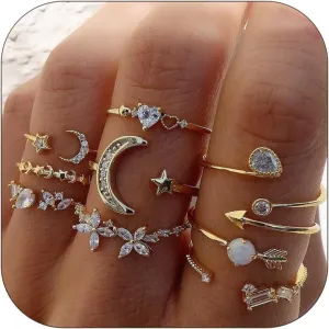Gold Stackable Rings for Women Gifts Trendy Stuff Simple Star Moon Heart Knuckle Ring Set Boho Cute Stuff Gold Ring Pack Jewelry Birthday Mothers Day Gifts