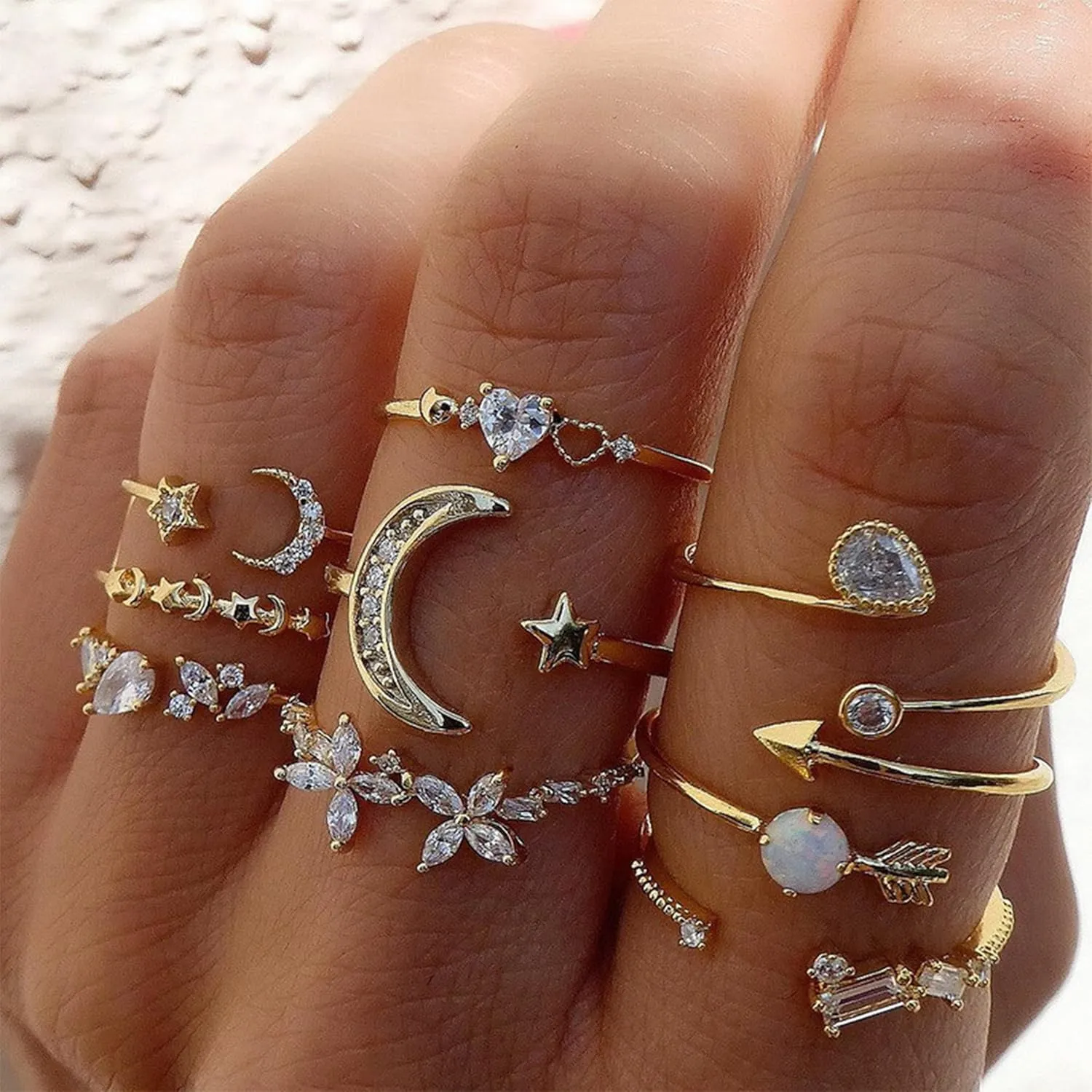 Gold Stackable Rings for Women Gifts Trendy Stuff Simple Star Moon Heart Knuckle Ring Set Boho Cute Stuff Gold Ring Pack Jewelry Birthday Mothers Day Gifts