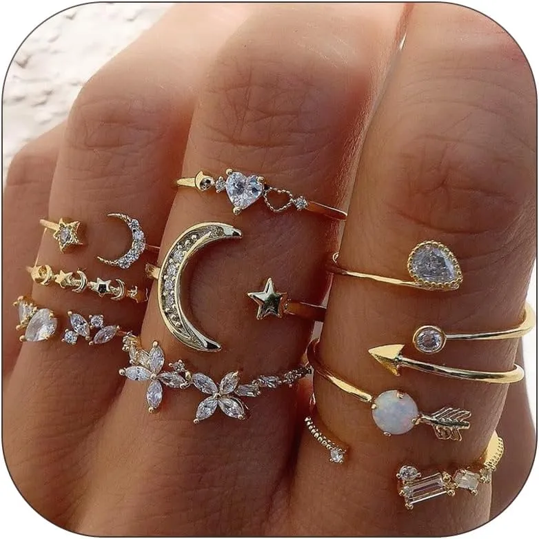 Gold Stackable Rings for Women Gifts Trendy Stuff Simple Star Moon Heart Knuckle Ring Set Boho Cute Stuff Gold Ring Pack Jewelry Birthday Mothers Day Gifts
