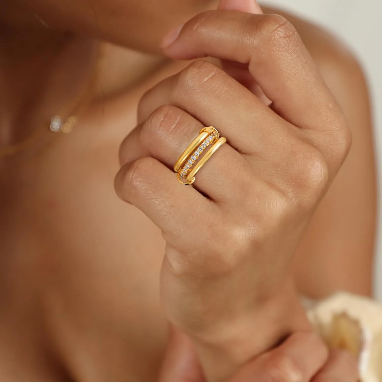 Gold Stackable Rings for Women Non Tarnish, 18K Gold Plated CZ Cubic Zircon Mixed Metals Multi Stack Rings Set Gold Jewelry