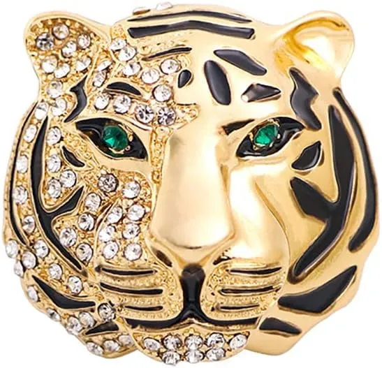 Gold Tiger Head Brooch PinsPunk Rhinestone Crystal Animal Lapel Pin,Charm Lion Coat Collar Suit Pin Brooch for Men Boy (A)