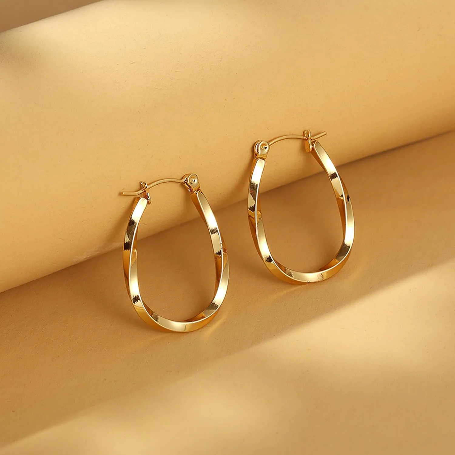 Gold Twisted Hoop Earrings Medium Oval Hoop Earrings Chunky Trendy Earrings Irregularity Hoop Earrings Everyday Hoop Earrings Cute Hoop Earrings Metallic Texture Hoop Earrings For Women