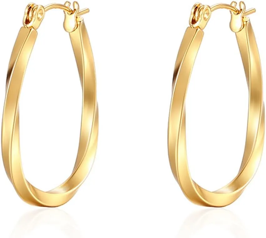 Gold Twisted Hoop Earrings Medium Oval Hoop Earrings Chunky Trendy Earrings Irregularity Hoop Earrings Everyday Hoop Earrings Cute Hoop Earrings Metallic Texture Hoop Earrings For Women