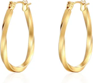 Gold Twisted Hoop Earrings Medium Oval Hoop Earrings Chunky Trendy Earrings Irregularity Hoop Earrings Everyday Hoop Earrings Cute Hoop Earrings Metallic Texture Hoop Earrings For Women