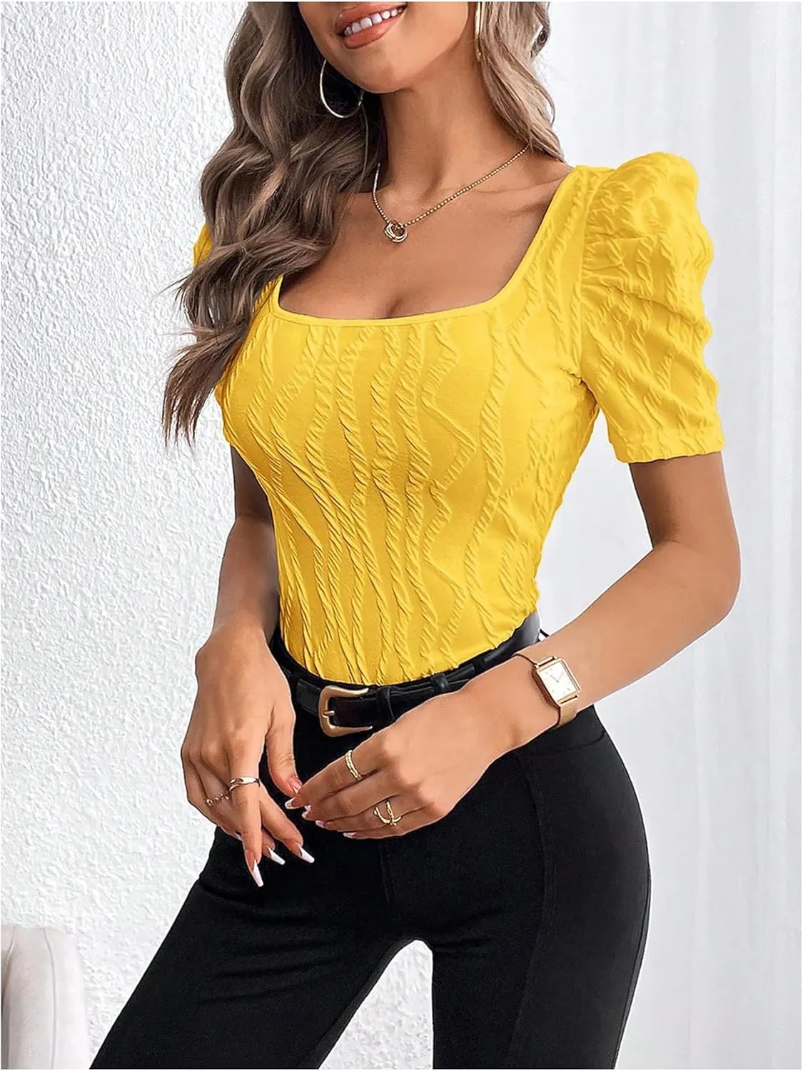 GORGLITTER Women's Puff Short Sleeve Square Neck Top Textured Knitted T Shirt Going Out Tops