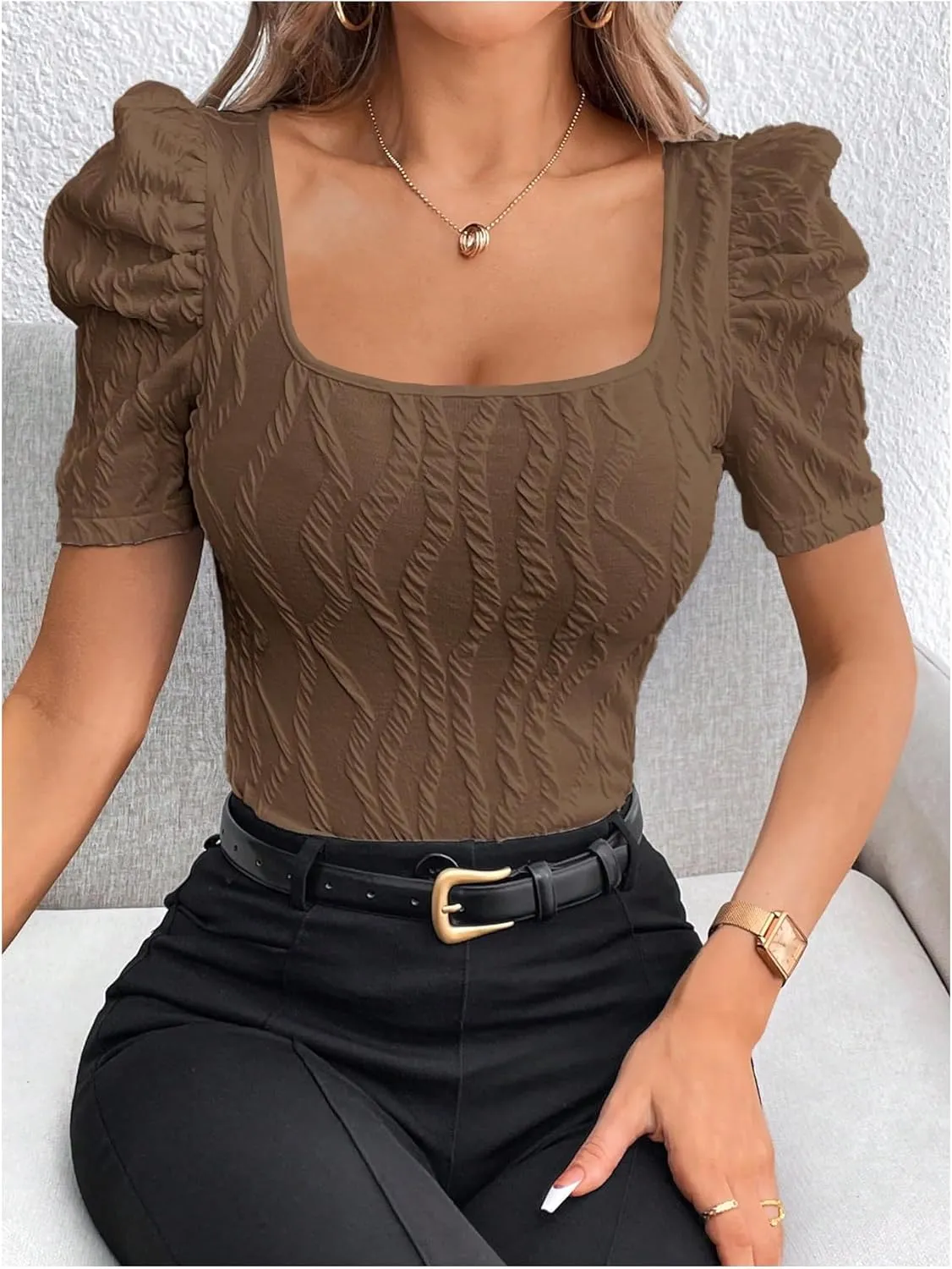 GORGLITTER Women's Puff Short Sleeve Square Neck Top Textured Knitted T Shirt Going Out Tops