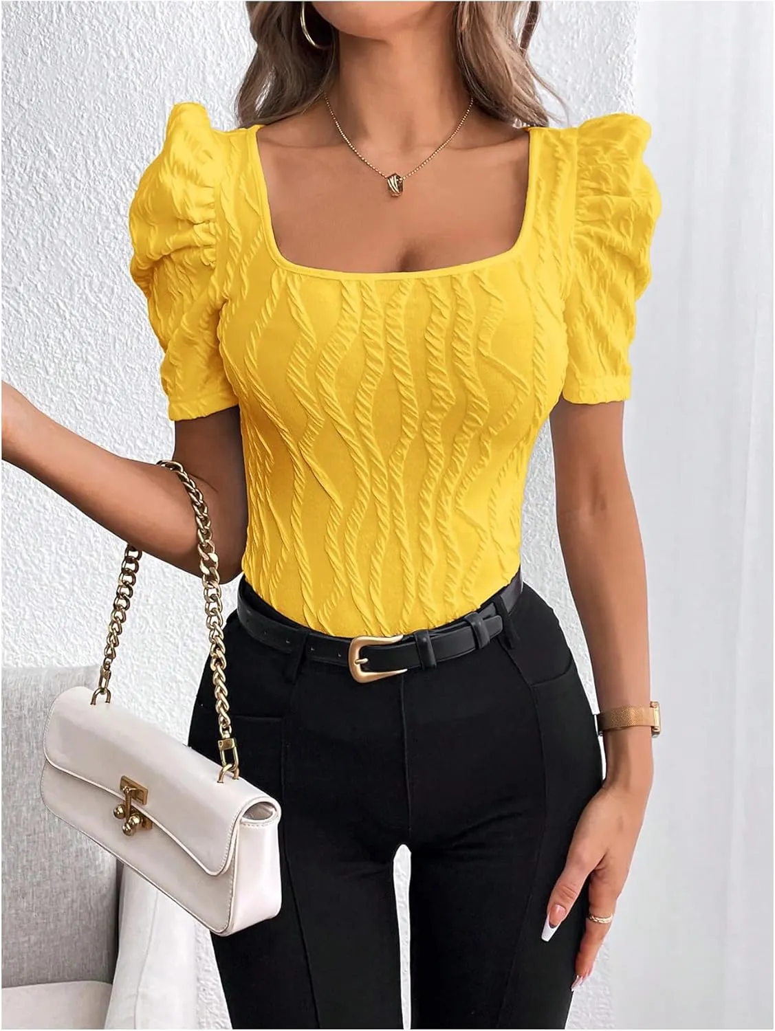 GORGLITTER Women's Puff Short Sleeve Square Neck Top Textured Knitted T Shirt Going Out Tops