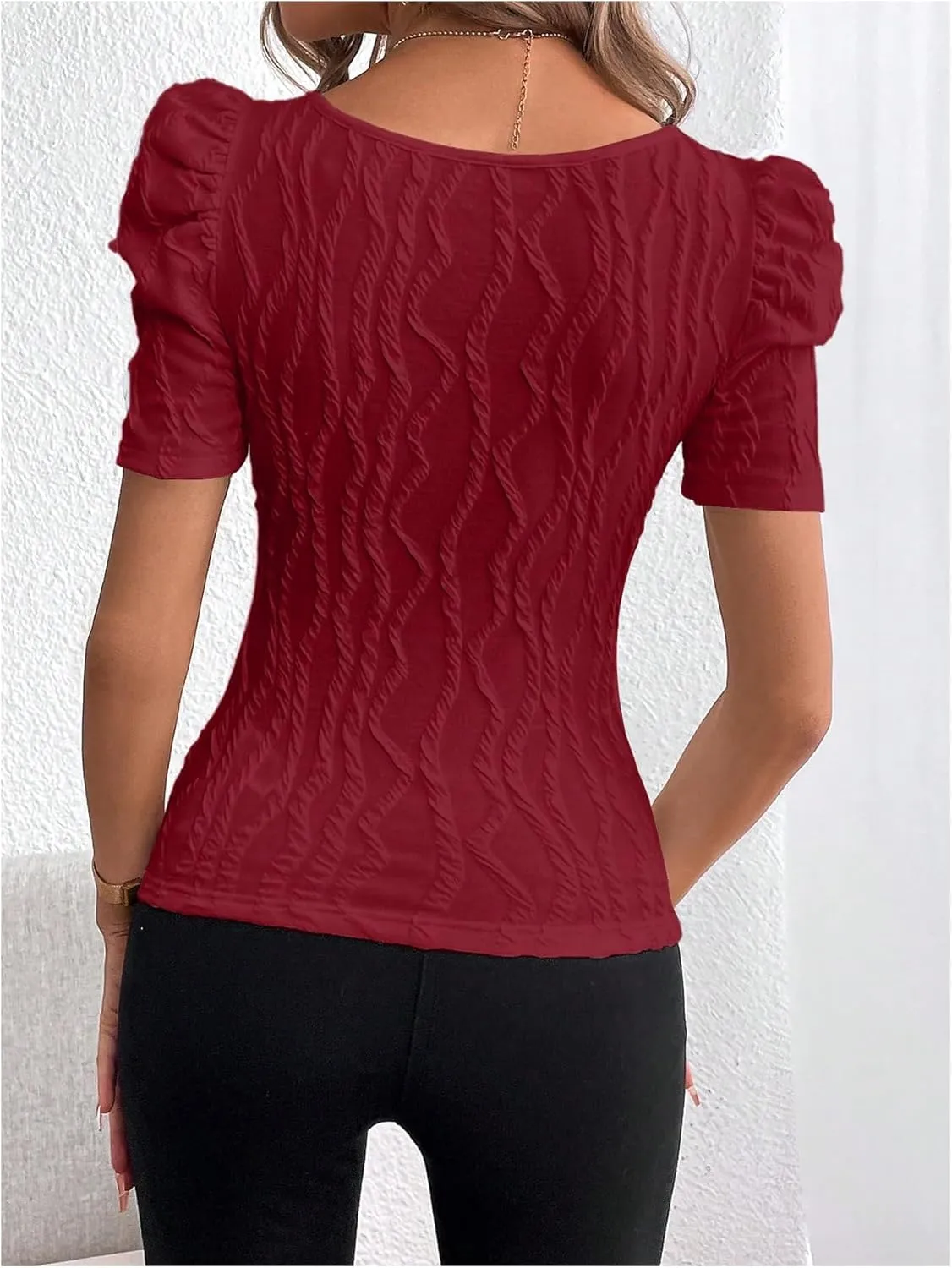 GORGLITTER Women's Puff Short Sleeve Square Neck Top Textured Knitted T Shirt Going Out Tops